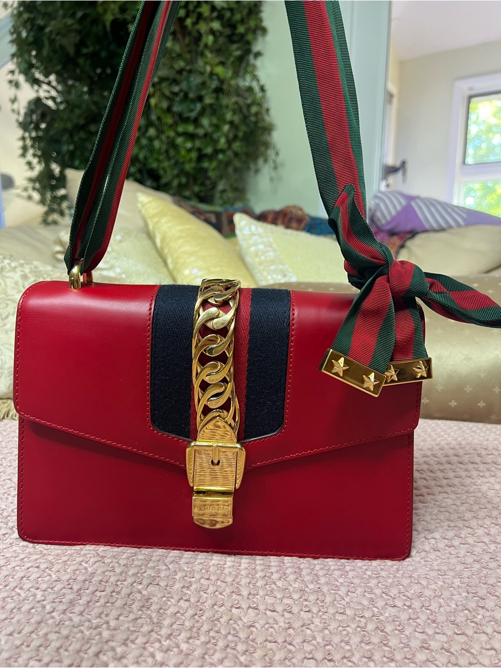 Gucci Sylvie Small Red Leather Web Stripe Shoulder Bag with COA